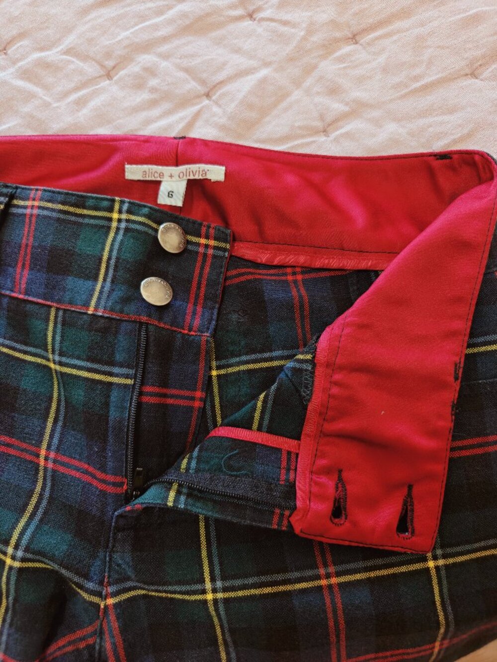 Alice + Olivia Tartan Plaid Flare Pants Navy Green Red Cotton Blend Size 6 - Picture 7 of 10